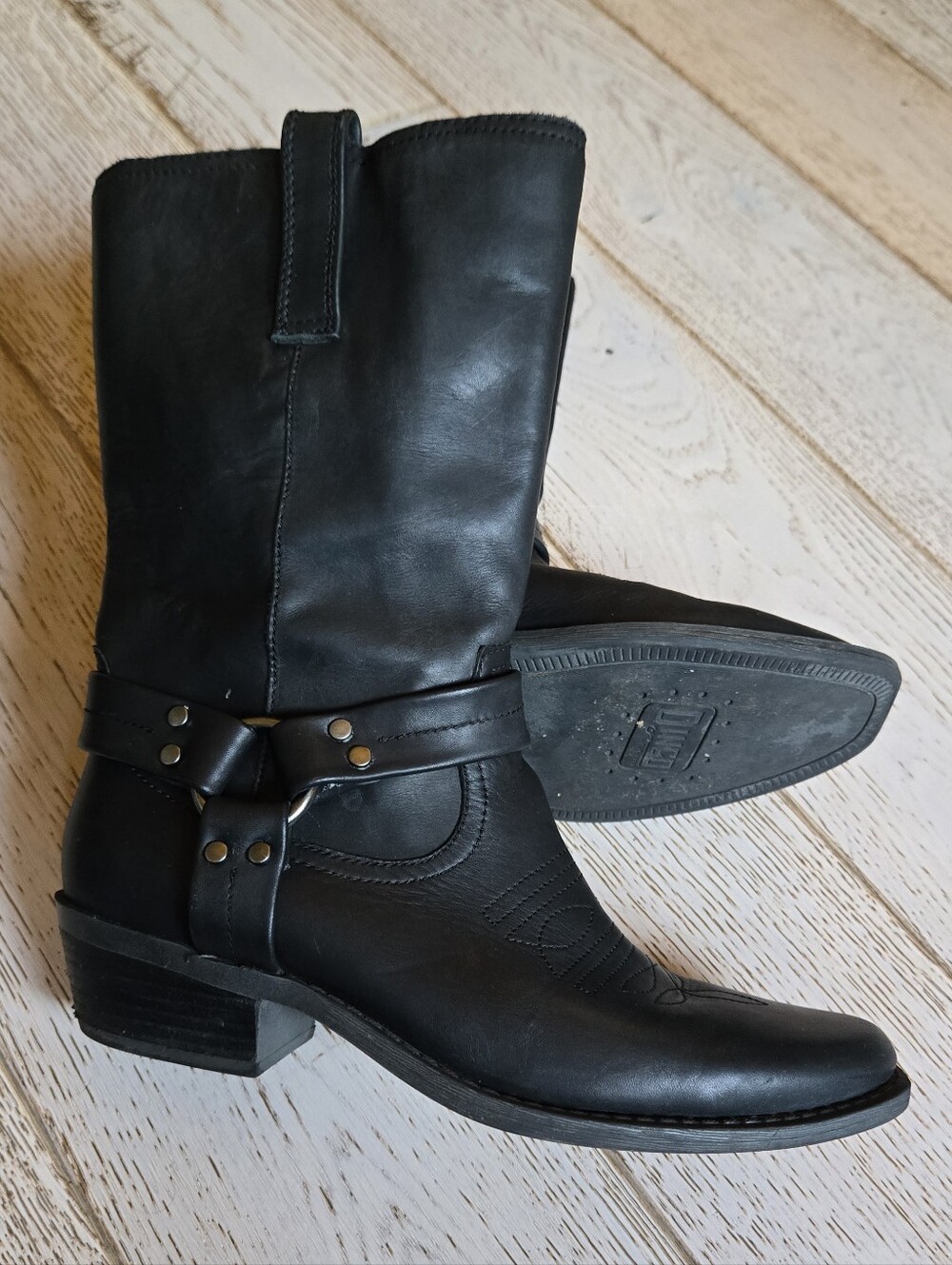 DINGO Western Harness Black Leather Calf High Moto Boots Womens Size 7.5